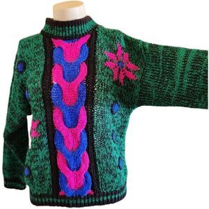 Croquet club vintage 80s teal high neck women's sweater small floral fuschia abs